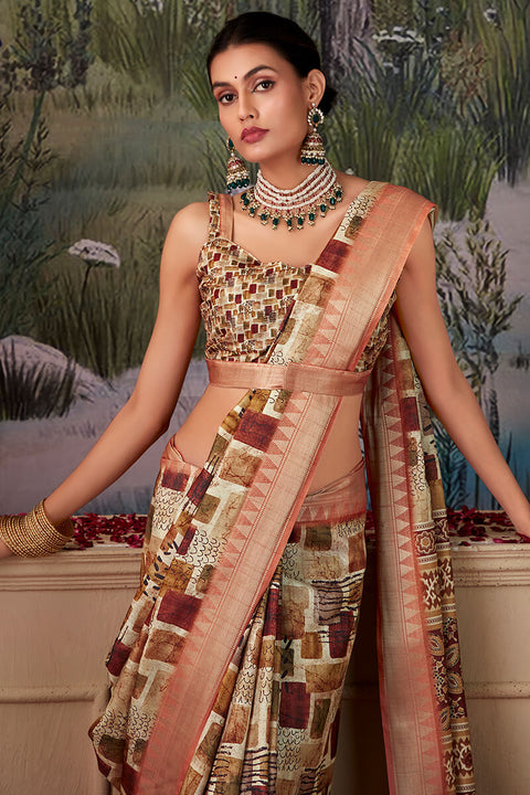 VastraLakshmi Moiety Brown Digital Printed Tussar Silk Saree With Sumptuous Blouse Piece