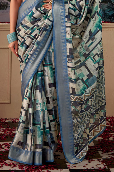 VastraLakshmi Splendiferous Firozi Digital Printed Tussar Silk Saree With Prodigal Blouse Piece