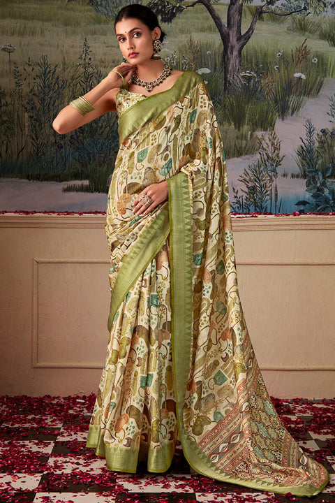 VastraLakshmi Radiant Mehndi Digital Printed Tussar Silk Saree With Glamorous Blouse Piece