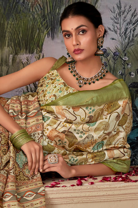 VastraLakshmi Radiant Mehndi Digital Printed Tussar Silk Saree With Glamorous Blouse Piece