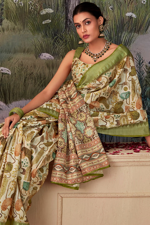 VastraLakshmi Radiant Mehndi Digital Printed Tussar Silk Saree With Glamorous Blouse Piece