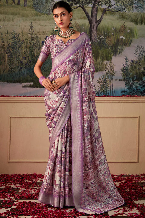 VastraLakshmi Cynosure Lavender Digital Printed Tussar Silk Saree With Mellifluous Blouse Piece