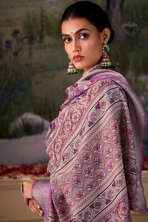 VastraLakshmi Cynosure Lavender Digital Printed Tussar Silk Saree With Mellifluous Blouse Piece