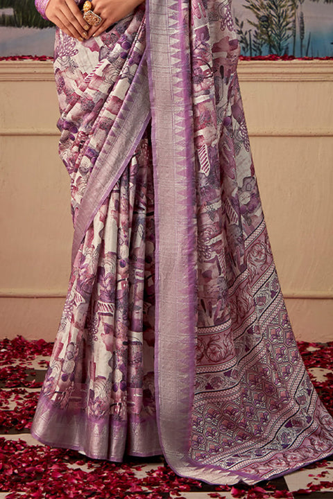 VastraLakshmi Cynosure Lavender Digital Printed Tussar Silk Saree With Mellifluous Blouse Piece