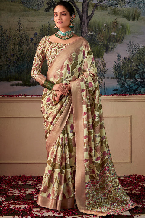 VastraLakshmi Winsome Pista Digital Printed Tussar Silk Saree With Rhapsodic Blouse Piece