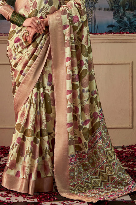 VastraLakshmi Winsome Pista Digital Printed Tussar Silk Saree With Rhapsodic Blouse Piece