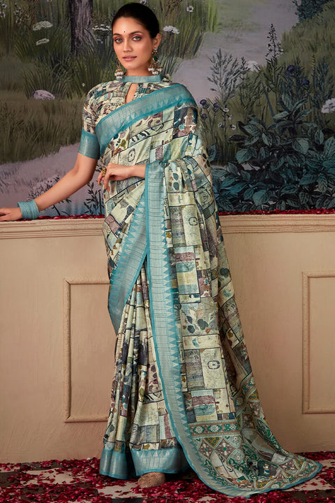 VastraLakshmi Proficient Sky Digital Printed Tussar Silk Saree With Snazzy Blouse Piece