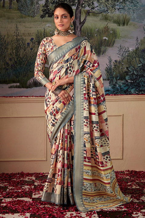 VastraLakshmi Petrichor Beige Digital Printed Tussar Silk Saree With Moiety Blouse Piece