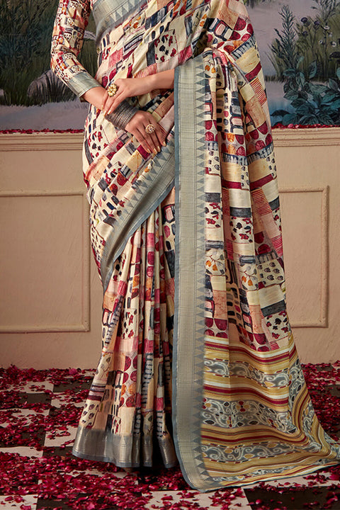 VastraLakshmi Petrichor Beige Digital Printed Tussar Silk Saree With Moiety Blouse Piece