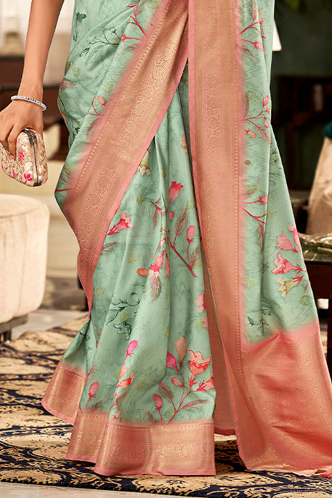 VastraLakshmi Engrossing Pista Digital Printed Soft Silk Saree With Entrancing Blouse Piece