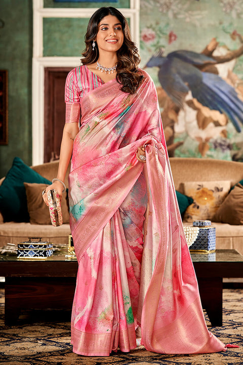 VastraLakshmi Ravishing Pink Digital Printed Soft Silk Saree With Jazzy Blouse Piece