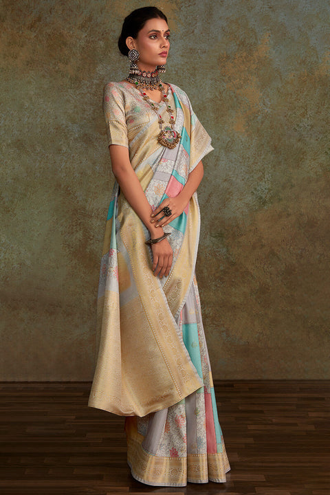 VastraLakshmi Beauteous Grey Digital Printed Soft Silk Saree With Ailurophile Blouse Piece