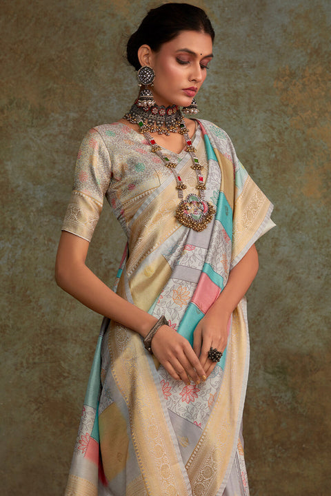 VastraLakshmi Beauteous Grey Digital Printed Soft Silk Saree With Ailurophile Blouse Piece