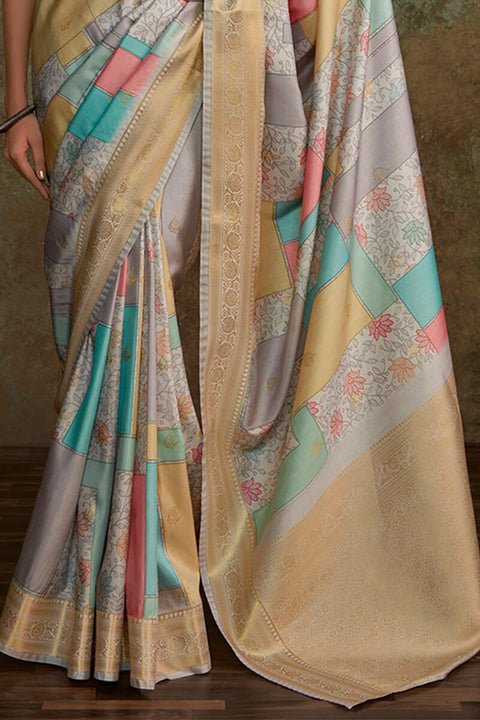 VastraLakshmi Beauteous Grey Digital Printed Soft Silk Saree With Ailurophile Blouse Piece