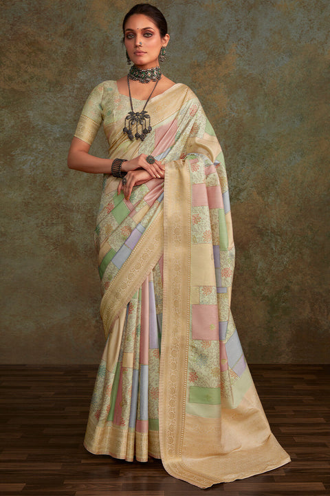 VastraLakshmi Demesne Pista Digital Printed Soft Silk Saree With Efflorescence Blouse Piece