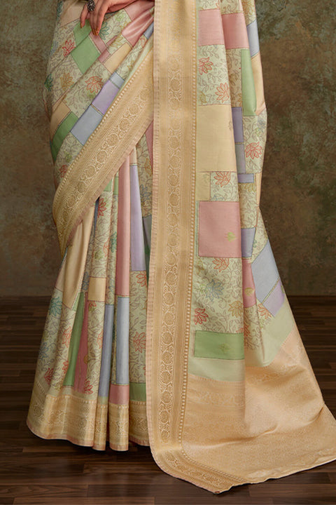 VastraLakshmi Demesne Pista Digital Printed Soft Silk Saree With Efflorescence Blouse Piece