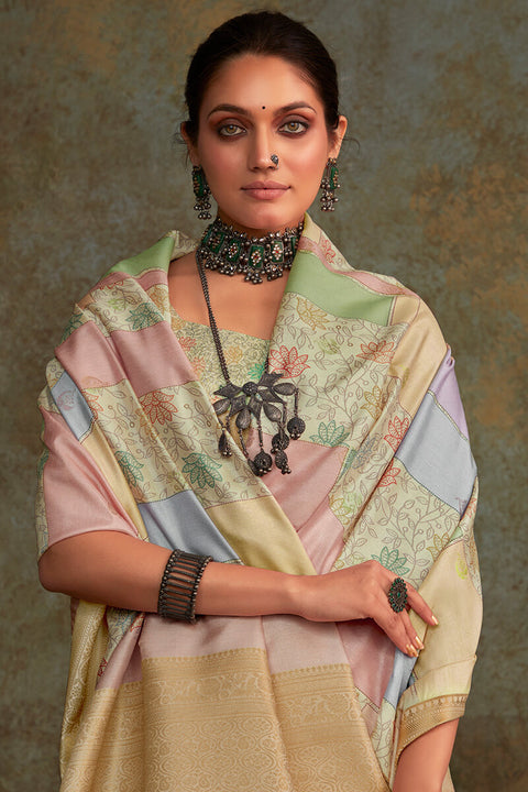 VastraLakshmi Demesne Pista Digital Printed Soft Silk Saree With Efflorescence Blouse Piece