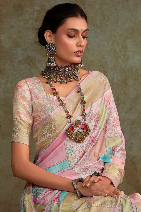 VastraLakshmi Fugacious Baby Pink Digital Printed Soft Silk Saree With Ratatouille Blouse Piece