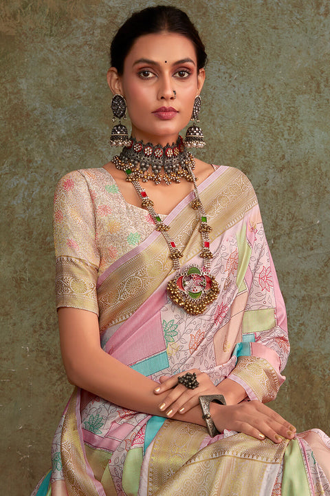 VastraLakshmi Fugacious Baby Pink Digital Printed Soft Silk Saree With Ratatouille Blouse Piece