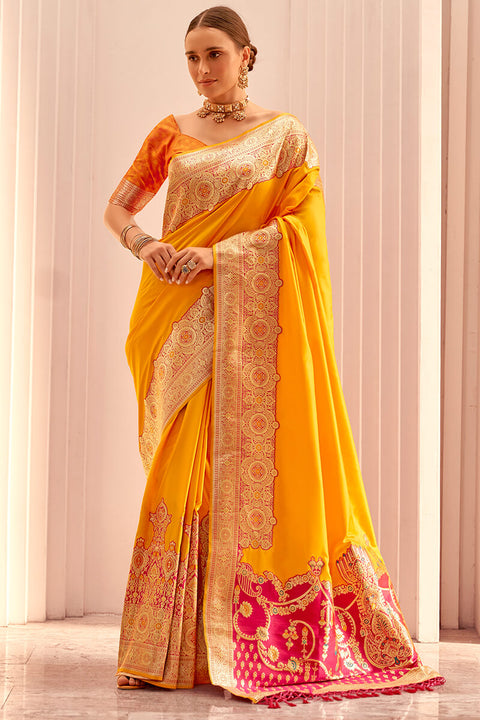 VastraLakshmi Stunner Yellow Soft Banarasi Silk Saree With Ailurophile Blouse Piece