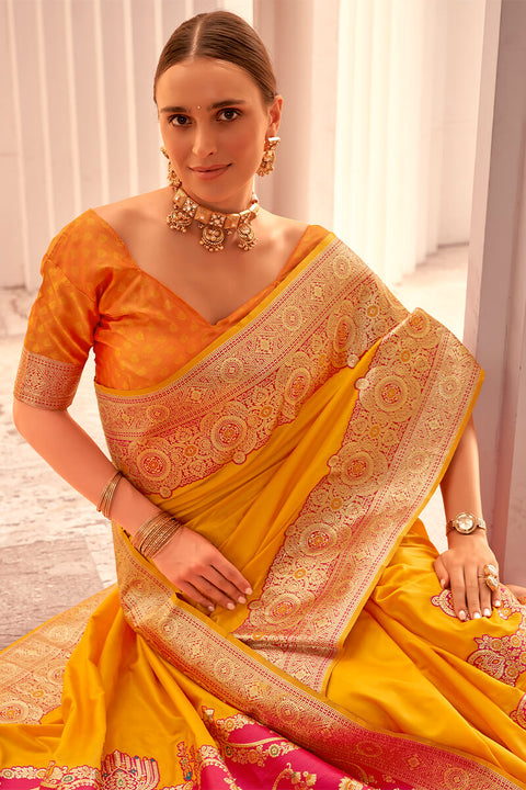 VastraLakshmi Stunner Yellow Soft Banarasi Silk Saree With Ailurophile Blouse Piece