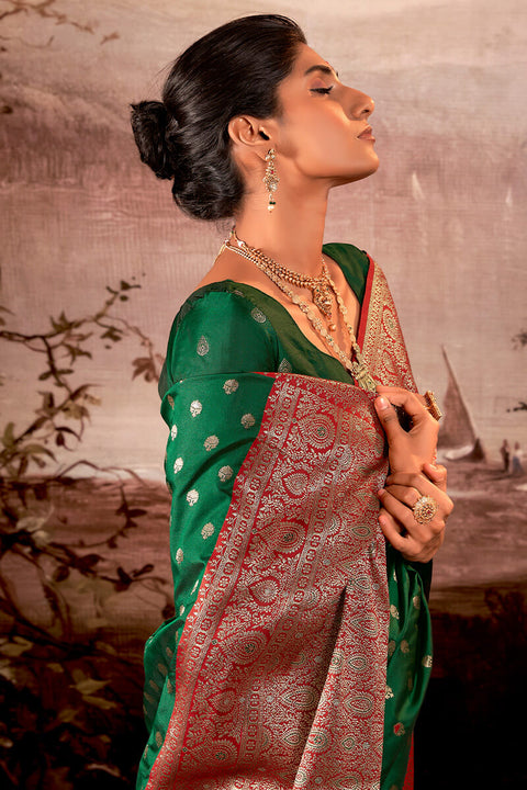 VastraLakshmi Blissful Dark Green Soft Banarasi Silk Saree With Inspiring Blouse Piece