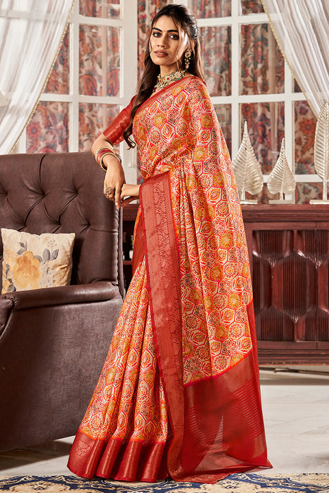 VastraLakshmi Exceptional Red Digital Printed Satin Silk Saree With Classic Blouse Piece