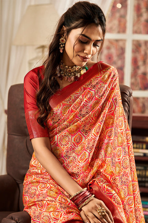 VastraLakshmi Exceptional Red Digital Printed Satin Silk Saree With Classic Blouse Piece