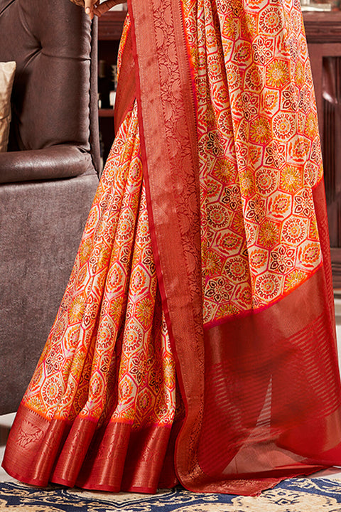 VastraLakshmi Exceptional Red Digital Printed Satin Silk Saree With Classic Blouse Piece