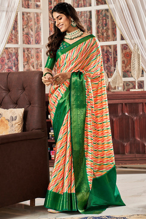 VastraLakshmi Hypnotic Orange Digital Printed Satin Silk Saree With Inspiring Blouse Piece