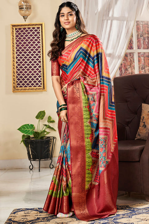 VastraLakshmi Attractive Multicolor Digital Printed Satin Silk Saree With Amazing Blouse Piece