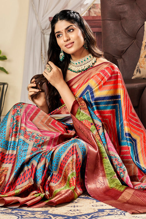 VastraLakshmi Attractive Multicolor Digital Printed Satin Silk Saree With Amazing Blouse Piece