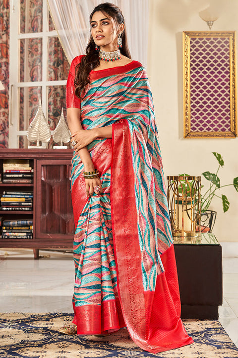 VastraLakshmi Blissful Grey Digital Printed Satin Silk Saree With Exquisite Blouse Piece