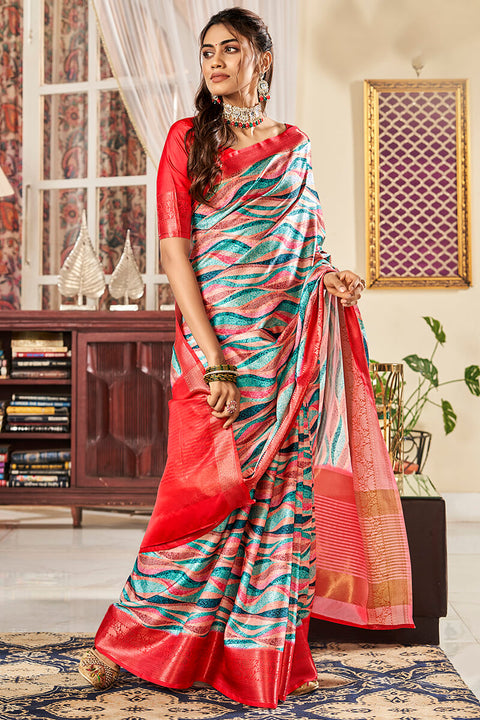 VastraLakshmi Blissful Grey Digital Printed Satin Silk Saree With Exquisite Blouse Piece