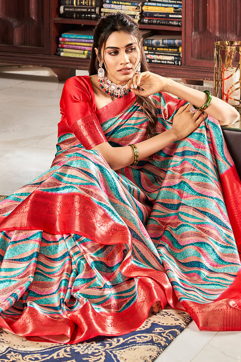 VastraLakshmi Blissful Grey Digital Printed Satin Silk Saree With Exquisite Blouse Piece