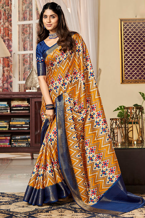 VastraLakshmi Flameboyant Mustard Digital Printed Satin Silk Saree With Traditional Blouse Piece