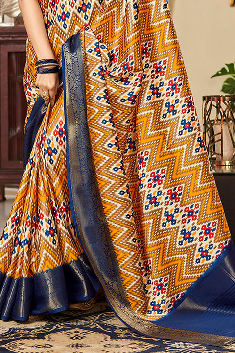 VastraLakshmi Flameboyant Mustard Digital Printed Satin Silk Saree With Traditional Blouse Piece