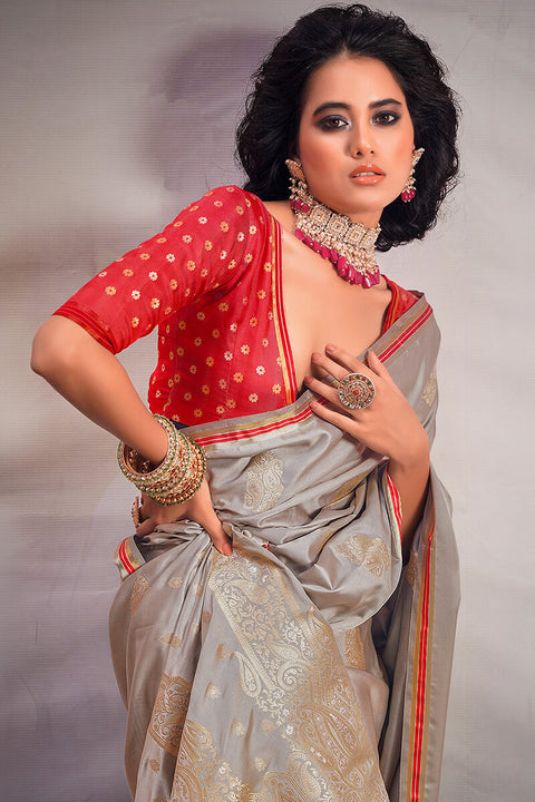 VastraLakshmi Attractive Grey Soft Banarasi Silk Saree With Lovely Blouse Piece