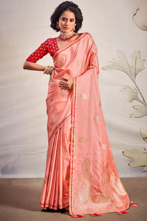 VastraLakshmi Sensational Peach Soft Banarasi Silk Saree With Adorning Blouse Piece