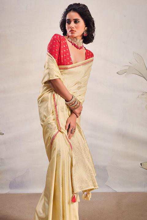 VastraLakshmi Designer Beige Soft Banarasi Silk Saree With Jazzy Blouse Piece