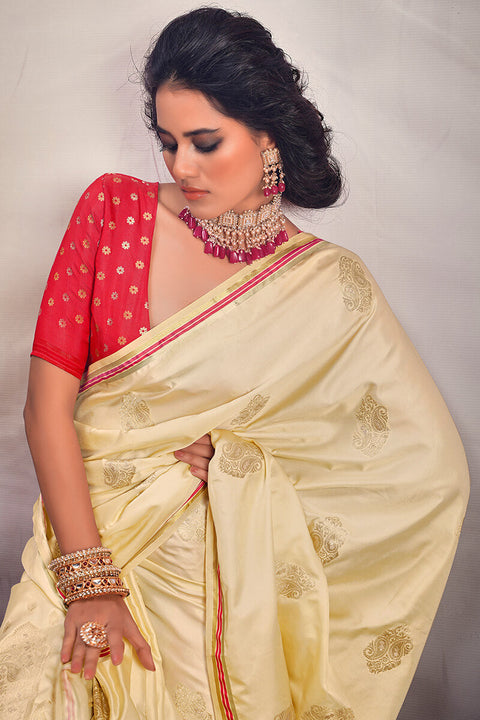 VastraLakshmi Designer Beige Soft Banarasi Silk Saree With Jazzy Blouse Piece