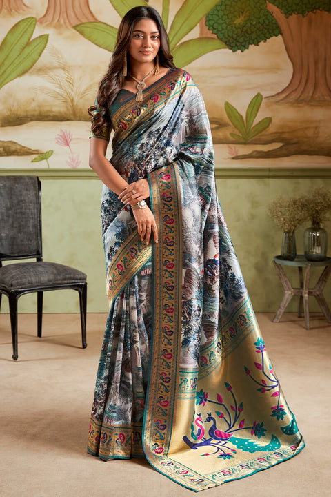 VastraLakshmi Dazzling Grey Paithani Silk Saree With Surpassing Blouse Piece