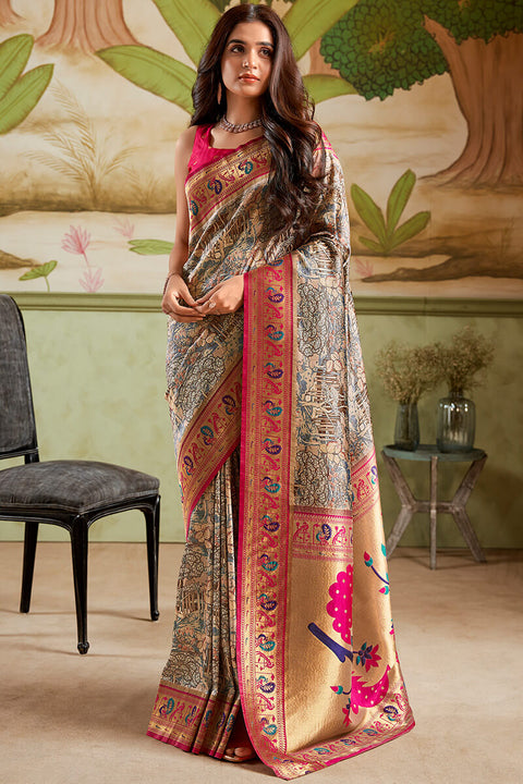 VastraLakshmi Mesmeric Dark Beige Paithani Silk Saree With Twirling Blouse Piece