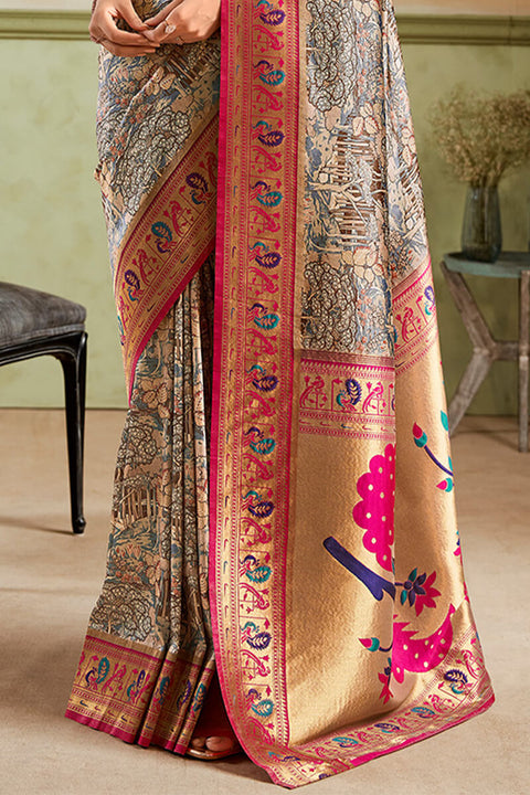 VastraLakshmi Mesmeric Dark Beige Paithani Silk Saree With Twirling Blouse Piece