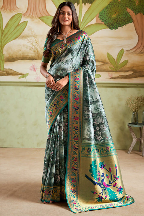 VastraLakshmi Redolent Dark Green Paithani Silk Saree With Dalliance Blouse Piece