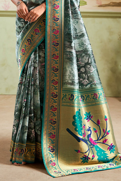 VastraLakshmi Redolent Dark Green Paithani Silk Saree With Dalliance Blouse Piece