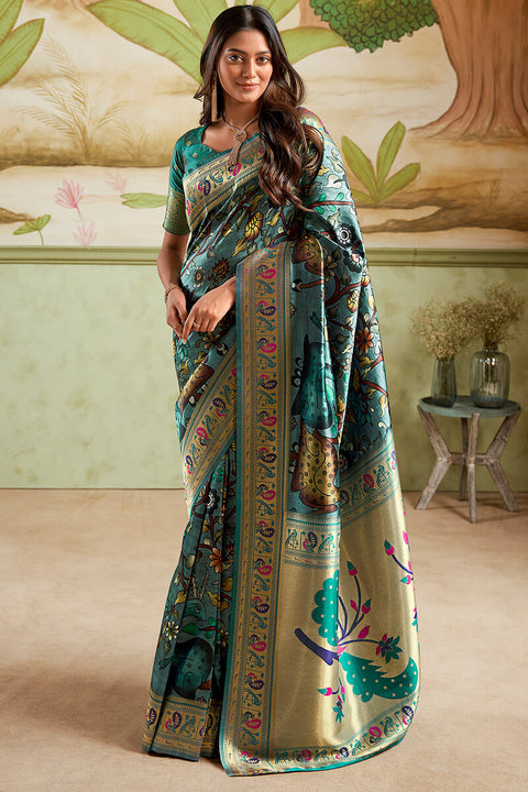 VastraLakshmi Moiety Rama Paithani Silk Saree With Petrichor Blouse Piece