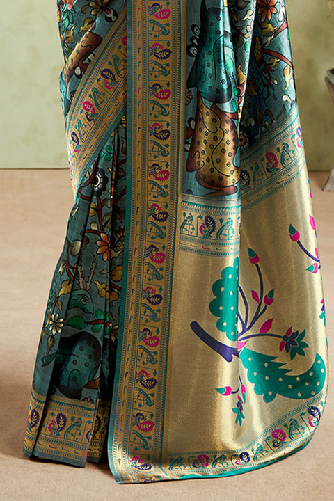 VastraLakshmi Moiety Rama Paithani Silk Saree With Petrichor Blouse Piece