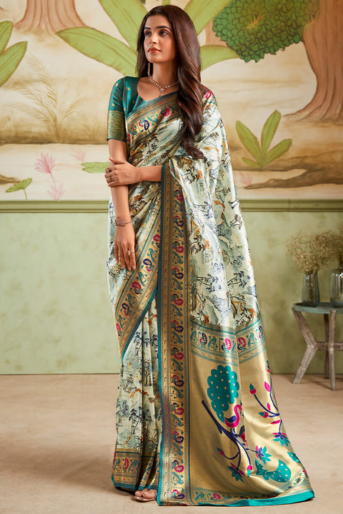 VastraLakshmi Imaginative Pista Paithani Silk Saree With Exuberant Blouse Piece