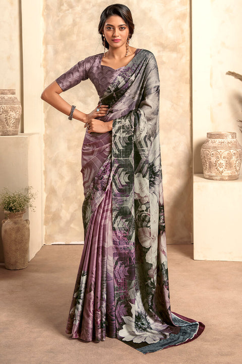 VastraLakshmi Lagniappe Grey Digital Printed Soft Silk Saree With Scintilla Blouse Piece